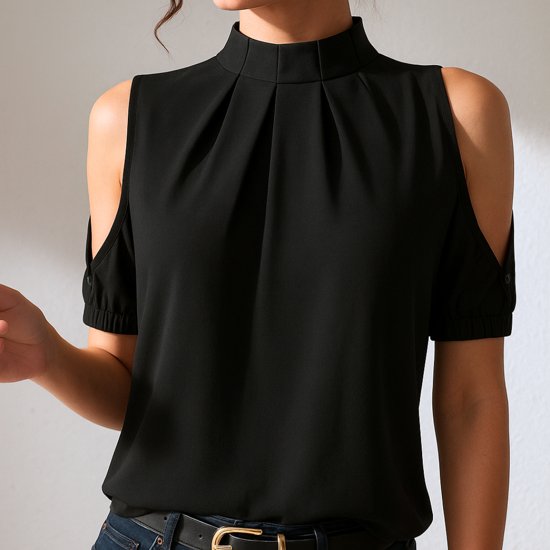 INGE | Schwarze Plissee-Bluse mit Cut-Out-Ärmeln