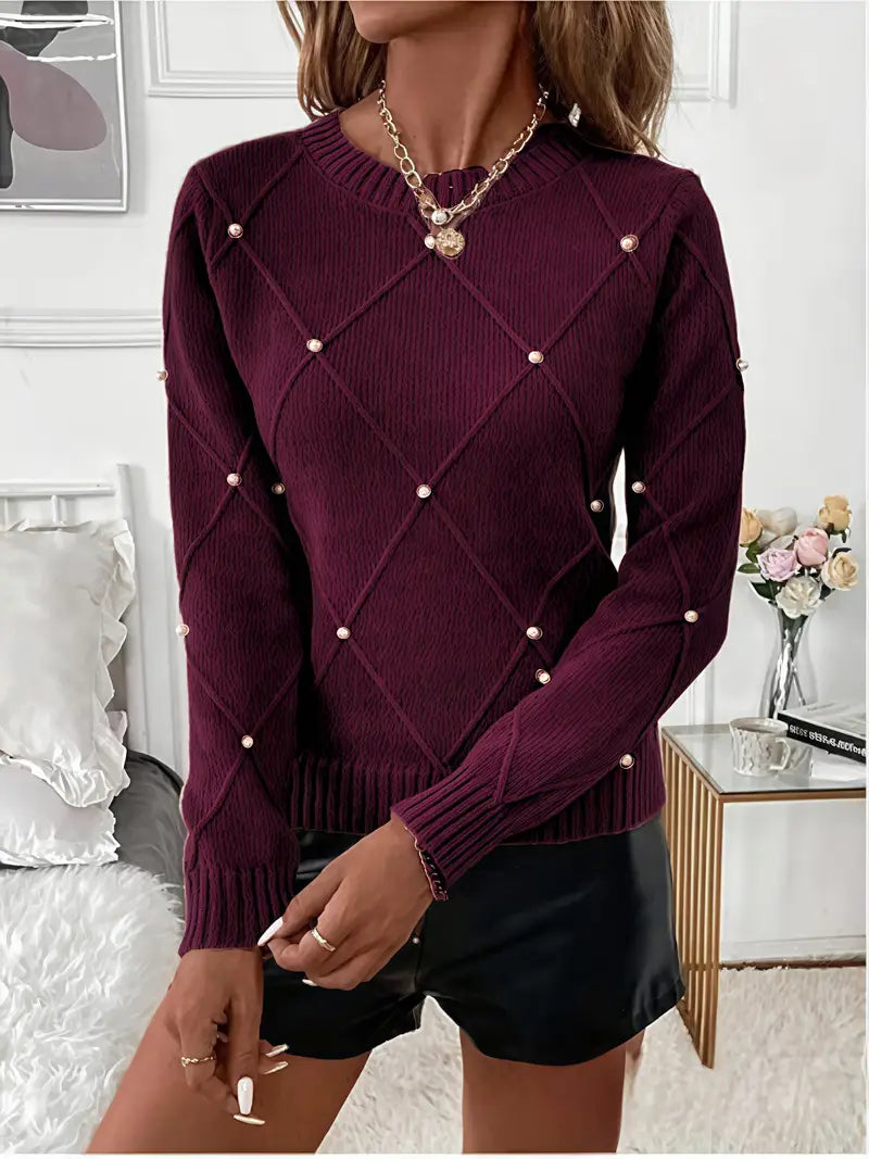 AMAYA | Eleganter Rauten-Pullover mit Perlendetails